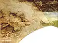 La partie gauche, très abîmée, de la fresque de Pisanello. On y distingue, en bas, le dragon, tapi dans son antre.