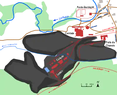 Schématisation des installations du puits, des terrils et cités minière.
