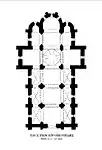Le plan de l'église&nbsp;: église à trois nefs avec un transept en saillie (Jean virey)