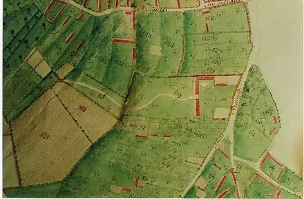 Détail du plan de 1751 : les bâtiments sont visibles sur la parcelle no&nbsp;69.