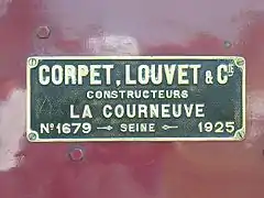 Plaque constructeur Corpet-Louvet no&nbsp;36 Lulu.