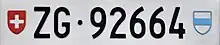 Plaque d'immatriculation arrière zougoise.
