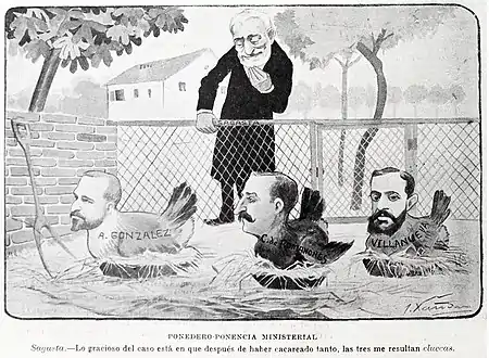 Caricaturé en poule aux côtés d’autres membres du cabinet de Sagasta. Dessin de Joaquín Xaudaró&nbsp;(es).
