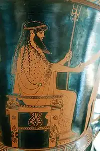 Poséidon à la longue barbe assis sur son trône et son trident à la main, cratère en calice attique à figures rouges, première moitié du Ve&nbsp;siècle, Cabinet des médailles, Bibliothèque nationale de France.