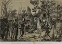 Après la conquête de Sennar, les Funj deviennent des rois vassaux de l'Égypte qui règnent sur les montagnes de la Gezira centrale. Sur cette représentation datant du milieu du XIXe&nbsp;siècle, un roi du Funj (à cheval) rencontre un chef local.