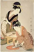Préparation de poisson, de Utamaro, Japon, XVIIIe&nbsp;siècle.