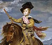 détail d'un tableau. Enfant juché sur un cheval brun, bras levé avec un bâton. Ciel bleu.
