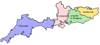 Province de Southwark, l'archidiocèse est en jaune à droite
