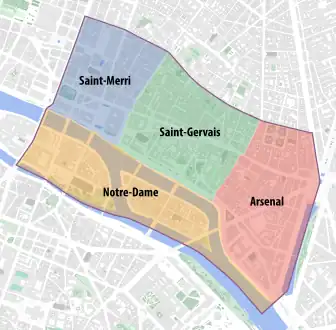 Localisation administrative du quartier dans le 4e&nbsp;arrondissement actuel.