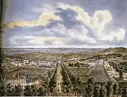 Vue panoramique prise de la place de l'Étoile au début du XIXe siècle avec, au centre, la future « avenue de Wagram » et, dans le fond à droite, Montmartre.