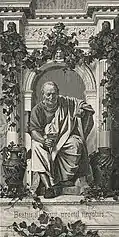 Gravure. Homme assis sous une arche tenant un récipient creux dans main droite et paraissant discourir.