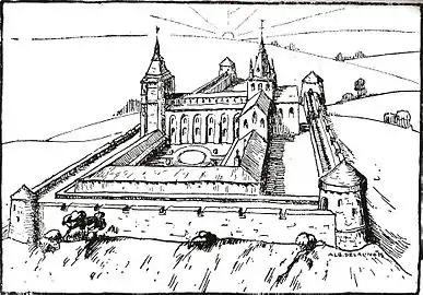 Représentation de la collégiale d'après un document du XVIe&nbsp;siècle par Albert Delaunois (1895-1936).