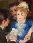 Une jeune femme, accoudée au dossier de son siège, écoute un jeune homme lui lisant une lettre, tandis qu'un second jeune homme, derrière elle, observe la scène.