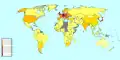 Densité des voies de chemin de fer dans le monde. La densité dans l'Union européenne est très importante.