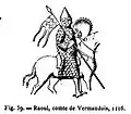 Fig.3 : DA no&nbsp;1010 : sceau équestre de Raoul Ier de Vermandois, au gonfanon orné d'un échiqueté, daté de 1135 et non 1116, reproduit dans M. Pastoureau, daté également de 1135.