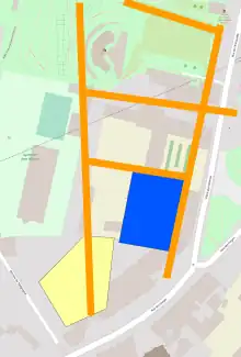 Le réseau viaire antique en orange ; en bleu, l'emplacement des thermes antiques dits «&nbsp;de la rue des Farges&nbsp;»