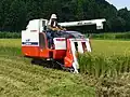 Moissonneuse-batteuse Yanmar sur chenilles au travail dans une rizière asséchée. Japon, 2007.