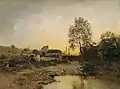 Paysage avec étangs et fermes.