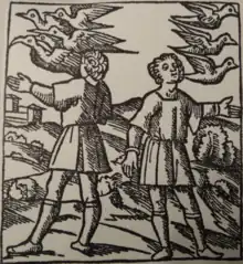 Photographie en noir et blanc d'une gravure représentant deux jeunes hommes dans un paysage méditerranéen, observant le vol d'oiseaux au-dessus d'eux.