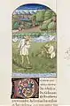 Fragment d'une page avec une miniature de fenaison au-dessus d'un texte orné de la lettrine D.
