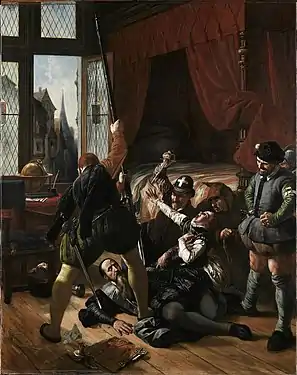 Scène de la Saint-Barthélemy, assassinat de Briou, gouverneur du Prince de Conti, 24 août 1572, Joseph Nicolas Robert-Fleury, XIXe&nbsp;siècle (Paris, musée du Louvre).