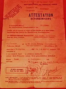 Attestation des autorités allemandes d'occupation permettant à une personne de pénétrer en zone interdite.
