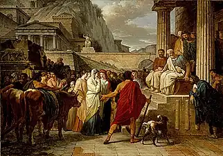 Caius Furius Cressinus accusé de sorcellerie, 1792, huile sur panneau de noyer, 48&nbsp;×&nbsp;68&nbsp;cm, musée d'Art du comté de Los Angeles.