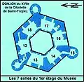 Plan du 1er&nbsp;étage du donjon avec ses sept salles.