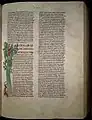 Initiale I ornée de deux hommes (dont un moine) coupant un arbre. Moralia in Job. Bibliothèque municipale de Dijon, ms 173, fol. 41R.