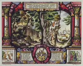 Vitrail montrant un ermite habitant au fond d'une forêt.