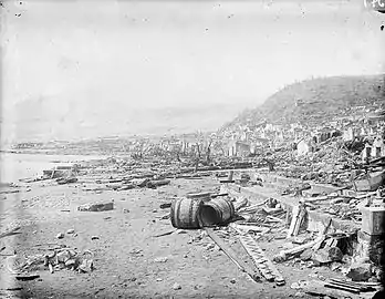 La chambre de commerce et la place Bertin dévastées le 10 mai 1902.