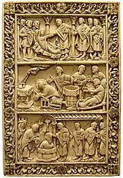 Plaque de reliure en ivoire avec scènes de la vie de Saint-Rémi, Reims, dernier quart du IXe&nbsp;siècle.