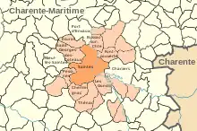 Carte représentant la commune de Saintes et ses communes limitrophes