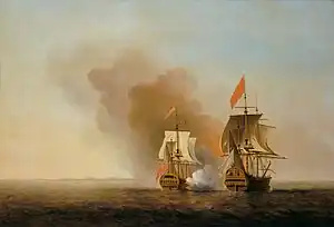 Samuel Scott, La capture du "Nuestra Señora de Cavadonga " par le "HMS Centurion", 20 juin 1743, v. 1743, huile sur toile, 102,9&nbsp;×&nbsp;151,1&nbsp;cm, Londres, National Maritime Museum, BHC0360