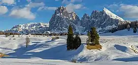 Le groupe du Sassolungo, à environ de 6 km, depuis l'Alpe de Siusi.