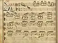partition manuscrite rehaussée de couleurs, titre rouge et bleu