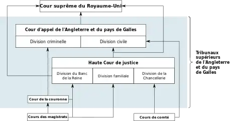 Schéma représentant différents cours du système judiciaire en Angleterre-et-Galles. La Cour suprême se trouve au sommet de la hiérarchie.