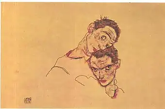 Dessin coloré de deux têtes d'homme similaires, l'une courbée sur l'autre qui est contre son cou et sa poitrine