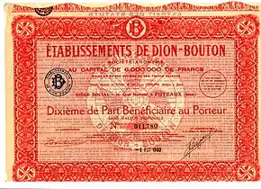 Part bénéficiaire De Dion-Bouton de 1930