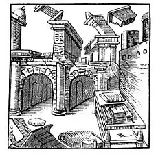 Scripta manent (« les écrits restent », comme le montrent les livres devant ces ruines romaines), un emblème de Geoffrey Whitney&nbsp;(en) (1586).