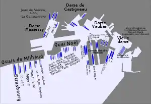 Plan du port de Toulon, avec la position des navires français le 27 novembre 1942
