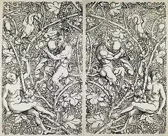 5. Nymphes et satyres dans un motif de vigne, estampes pour papier paint, Minneapolis Institute of Art, c. 1520-1525.