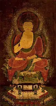 Shaka nyorai (Sakya Tathāgata) (絹本著色釈迦如来像, kenpon choshoku shaka nyoraizō) ou Shakyamuni rouge (赤釈迦, shaka) du XIIe&nbsp;siècle. Rouleau suspendu, 159,4&nbsp;×&nbsp;85,5&nbsp;cm, couleur sur soie.