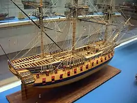 Maquette d'un vaisseau de 74 canons de troisième rang de 1760 ; soit le HMS&nbsp;Hercules de 1759, soit le HMS Thunderer de 1760.
