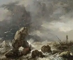 Navires dans la tempête au large d'une côte rocheuse (vers 1655), Philips Wouwerman