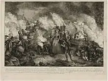 Estampe. XIIIe&nbsp;siècle. Une femme parmi les assiégeants, en tenue de ville, met le feu à un canon. Un cavalier regarde.