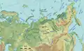 Carte nommant les sept régions géomorphologiques de la fédération de Russie situées à l'est de l'Oural (en allemand)
