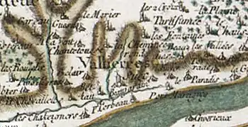 Vallières et la chapelle de la « Chevallette » (ici en bas, à gauche) sur un extrait provenant de la carte de Cassini, document réalisé dans la seconde moitié du XVIIIe&nbsp;siècle par César-François Cassini (1714-1784)