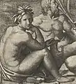 Dessin en noir et blanc représentant deux personnages dont un se tient assis, le bras plié, la tête appuyée sur la main, le regard tourné vers le spectateur.