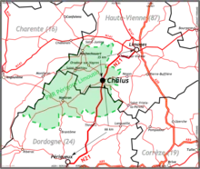 Carte du parc naturel régional Périgord Limousin avec indication de la localisation géographique de Châlus